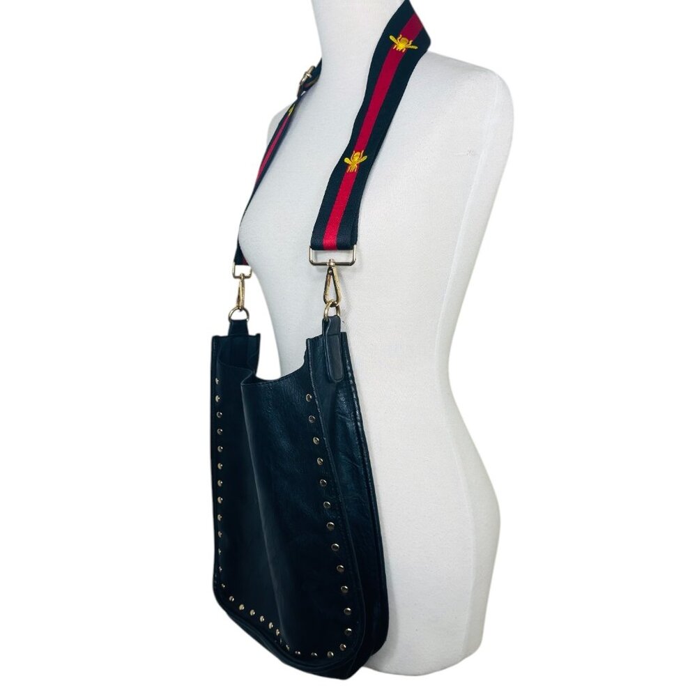 Ahdorned Studded Leather Messenger Bag Embroidered Bee Strap & Gold Hardware - Picture 9 of 9